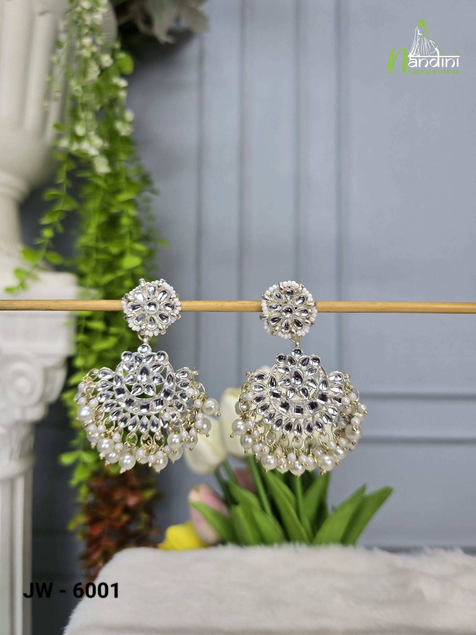 tudded Floral Chandbali with Pearl Drops